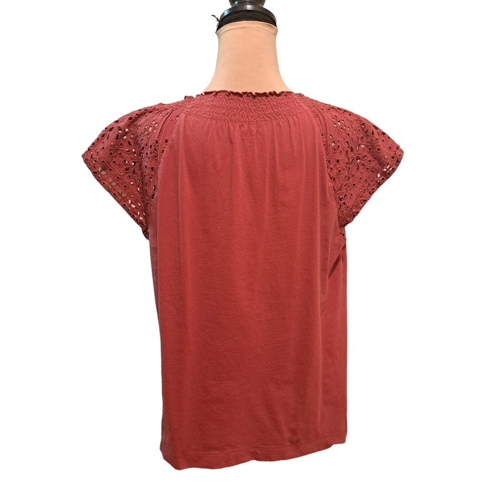 Loft Peasant Style Short Sleeve 100% Cotton Eyelet Lace Blouse Size M Brick Red - Picture 2 of 5